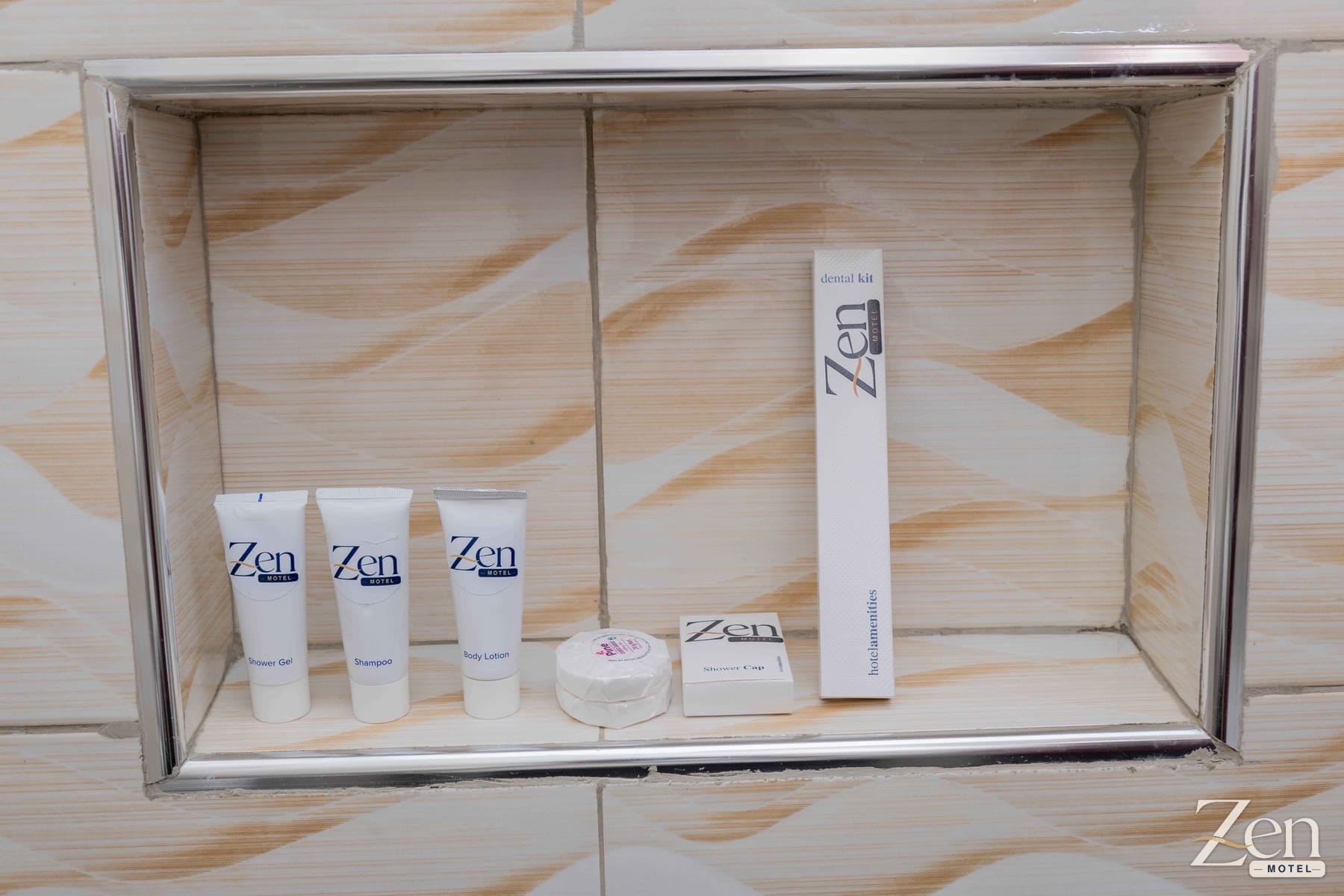 Zen-branded toiletries waiting in the bathroom