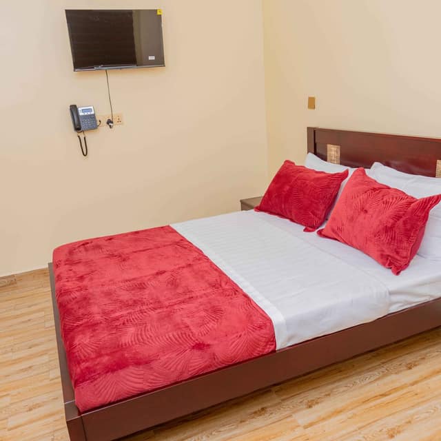 Double bed with a wall-mounted TV and telephone