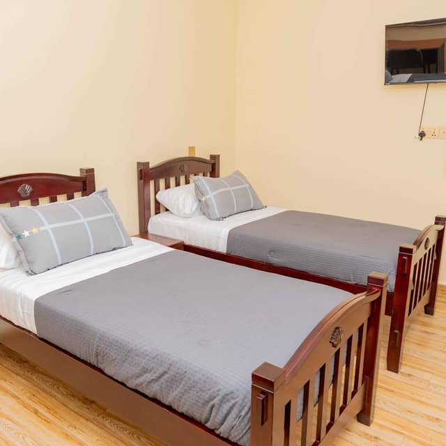 Two single beds with a wall-mounted TV and telephone